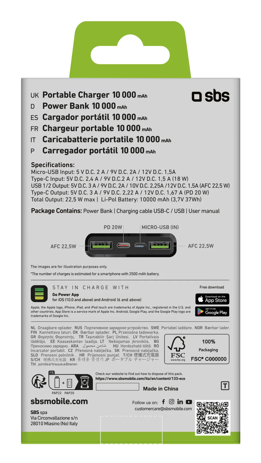 SBS TTBB10000FASTPD20K 10000 mAh, 20 W PD 20W - powerbank, Black