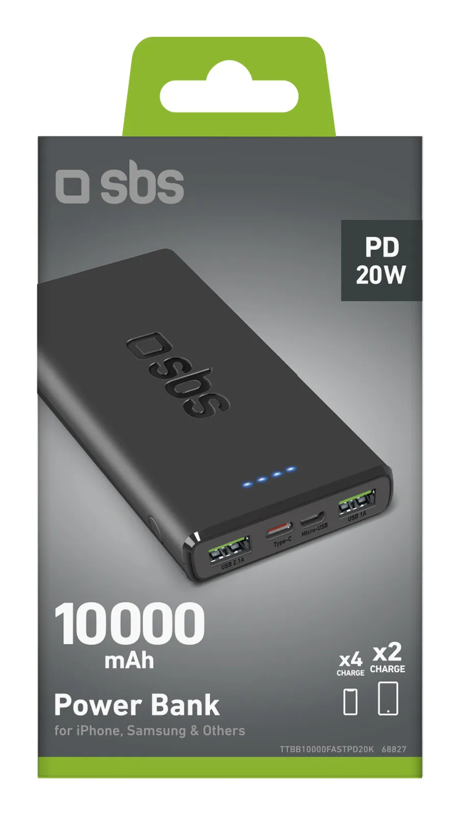 SBS TTBB10000FASTPD20K 10000 mAh, 20 W PD 20W - powerbank, Black