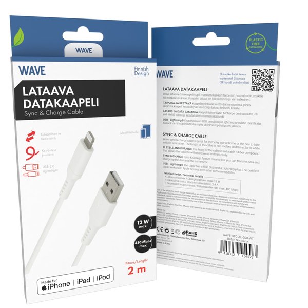 Wave USB-A - Lightning - cable, 2m, White