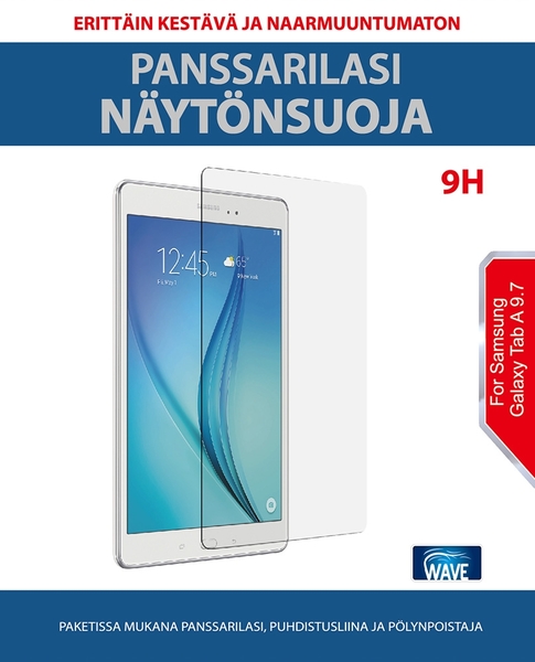 WAVE PANSSARILASI - N&auml;yt&ouml;nsuojakalvo, karkaistua lasia. Samsung Galaxy TabA 9,7". 9H, 0,33 mm paksu lasikalvo.  Pakkauksessa yksi kalvo, 2 puhdistusliinaa (kost