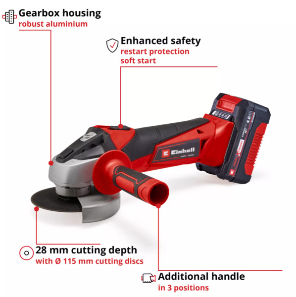 EINHELL Power X-Change &ndash; batteridriven vinkelslip 18 V, 18/115, inkl. batteri 4,0 Ah och laddare