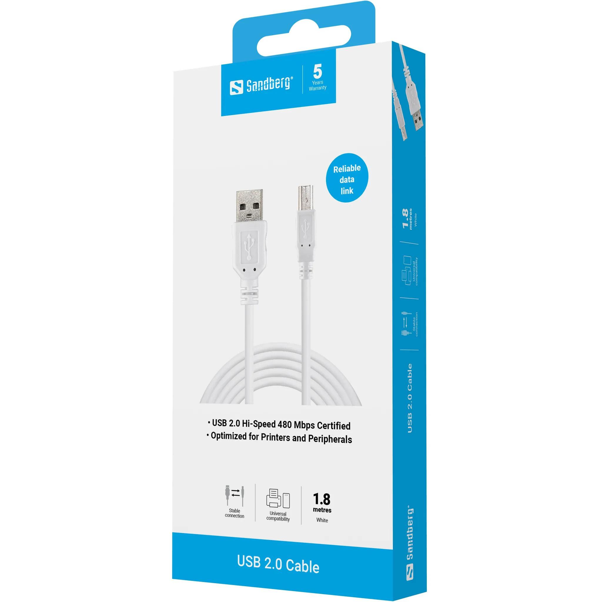 Sandberg USB-A - USB-B - cable, 1.8 m, White