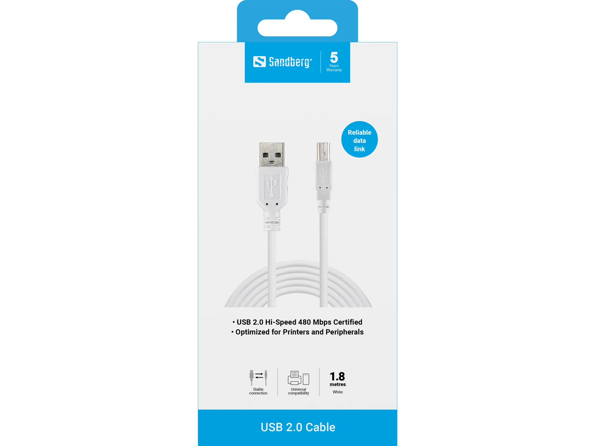 Sandberg USB-A - USB-B - cable, 1.8 m, White