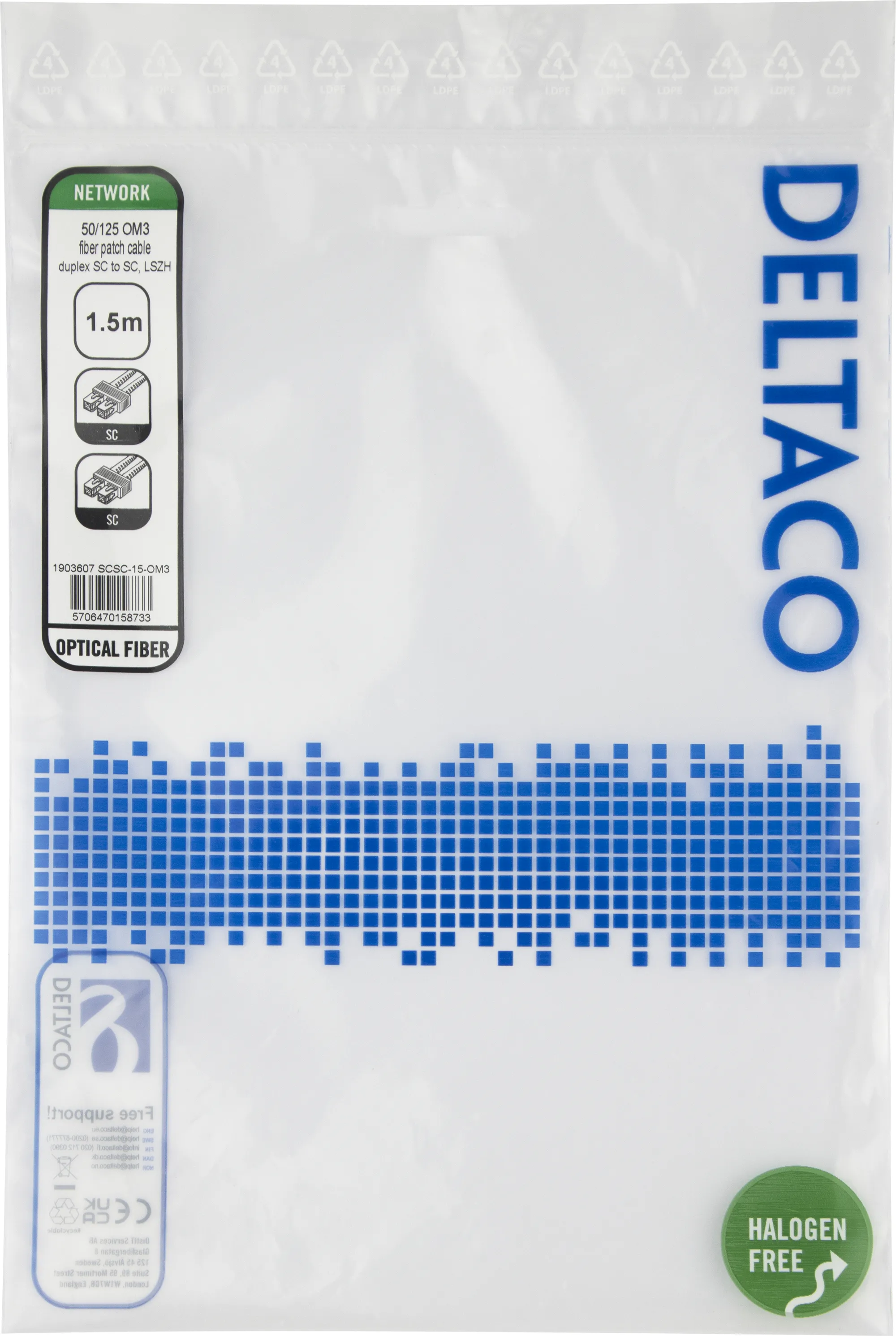 Deltaco OM3 LSZH SC-SC 1.5m Fiber Optic Cable, Blue