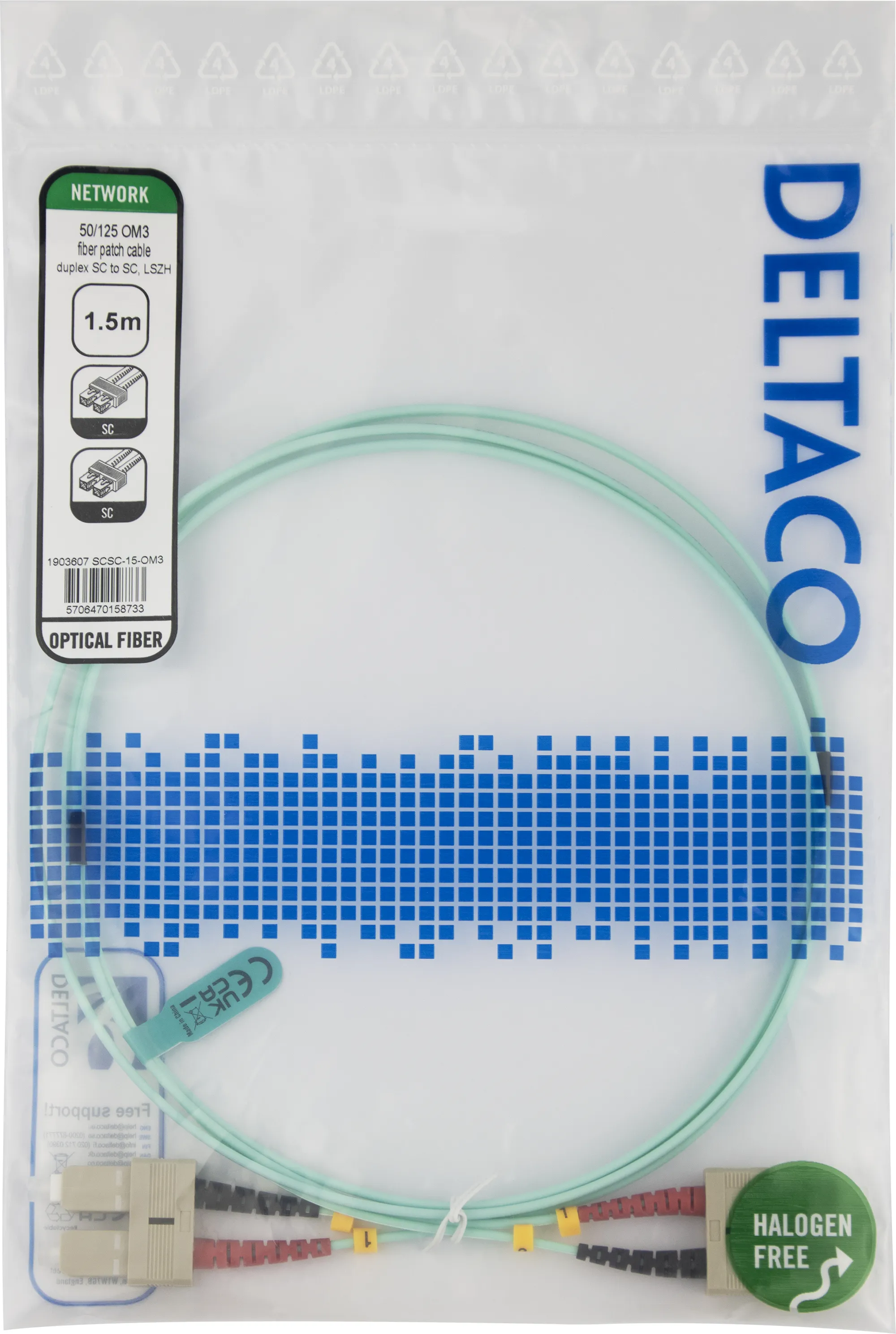 Deltaco OM3 LSZH SC-SC 1.5m Fiber Optic Cable, Blue