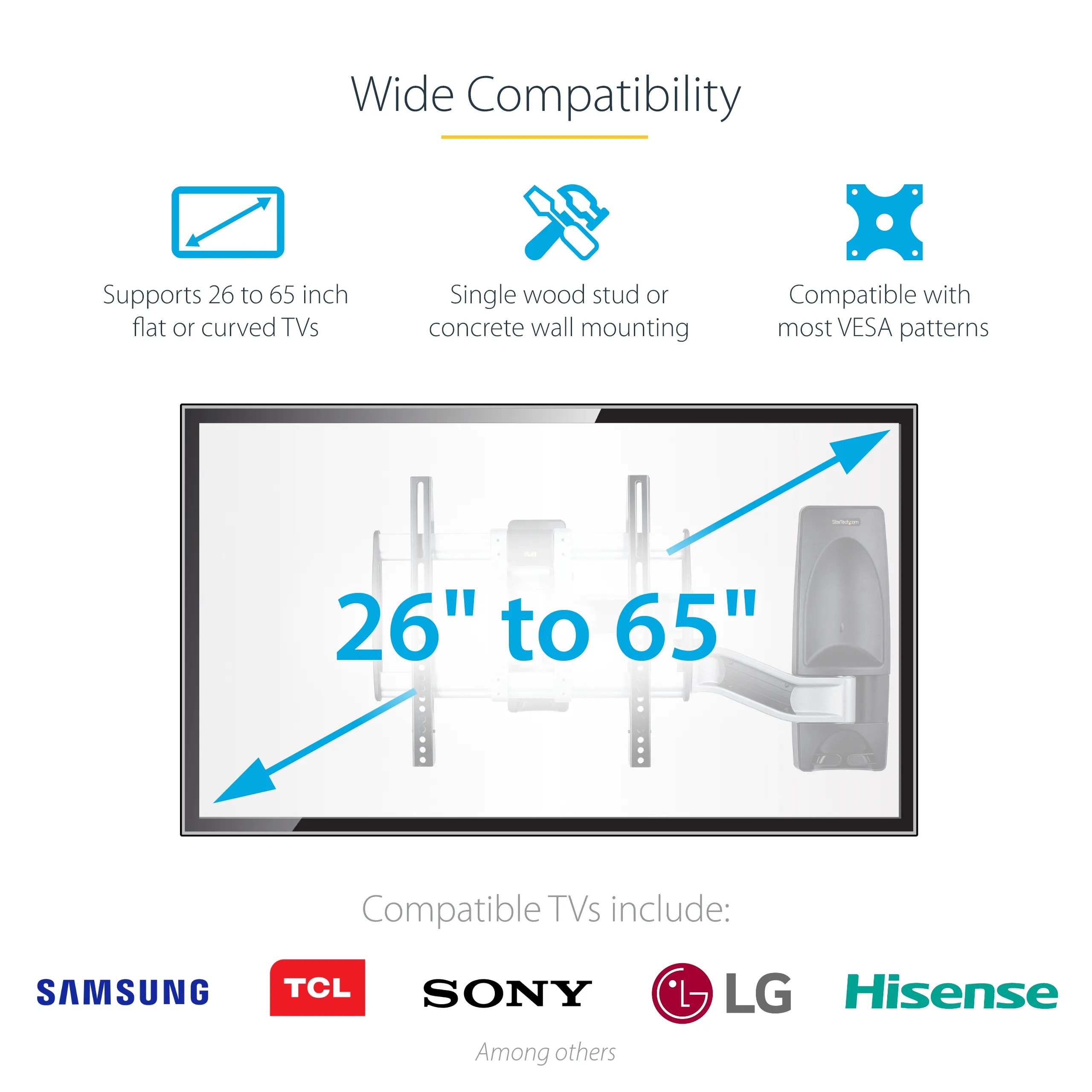 STARTECH.COM Articulating TV Wall Mount VESA Wall Mount TV Bracket for 65 inch/99lb/Curved TVs Corner Adjustable Low Profile Wall Mo