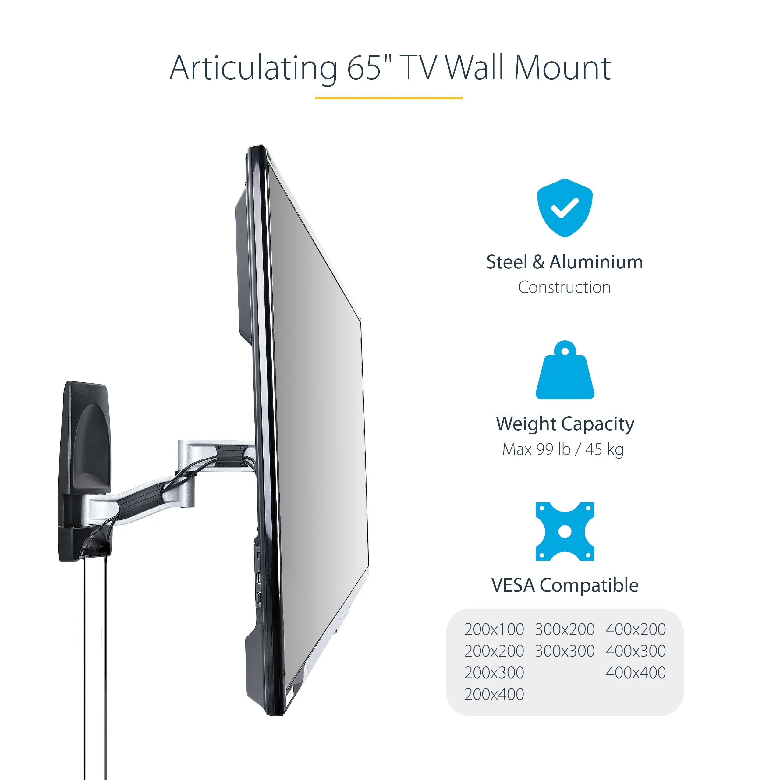 STARTECH.COM Articulating TV Wall Mount VESA Wall Mount TV Bracket for 65 inch/99lb/Curved TVs Corner Adjustable Low Profile Wall Mo