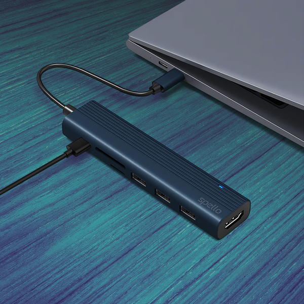 Spello USB-C Hub Slim 7in1 | 100W USB-C PD, 3 × USB-A, HDMI, SD/TF Card Slot | Midnight Color | All ports in one