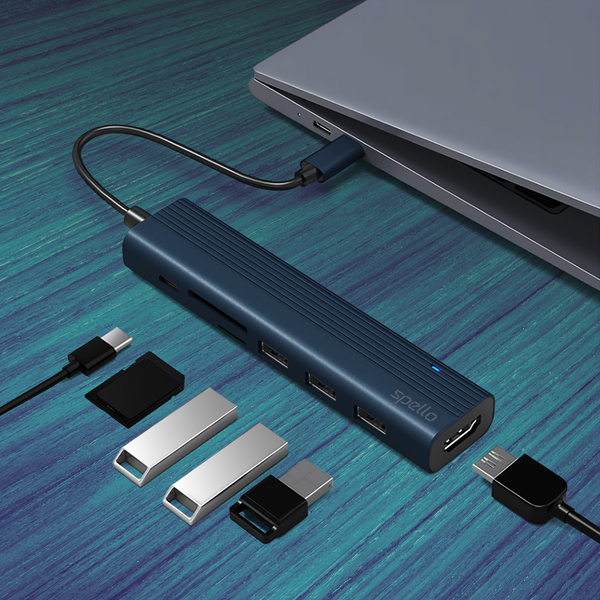 Spello USB-C Hub Slim 7in1 | 100W USB-C PD, 3 × USB-A, HDMI, SD/TF Card Slot | Midnight Color | All ports in one