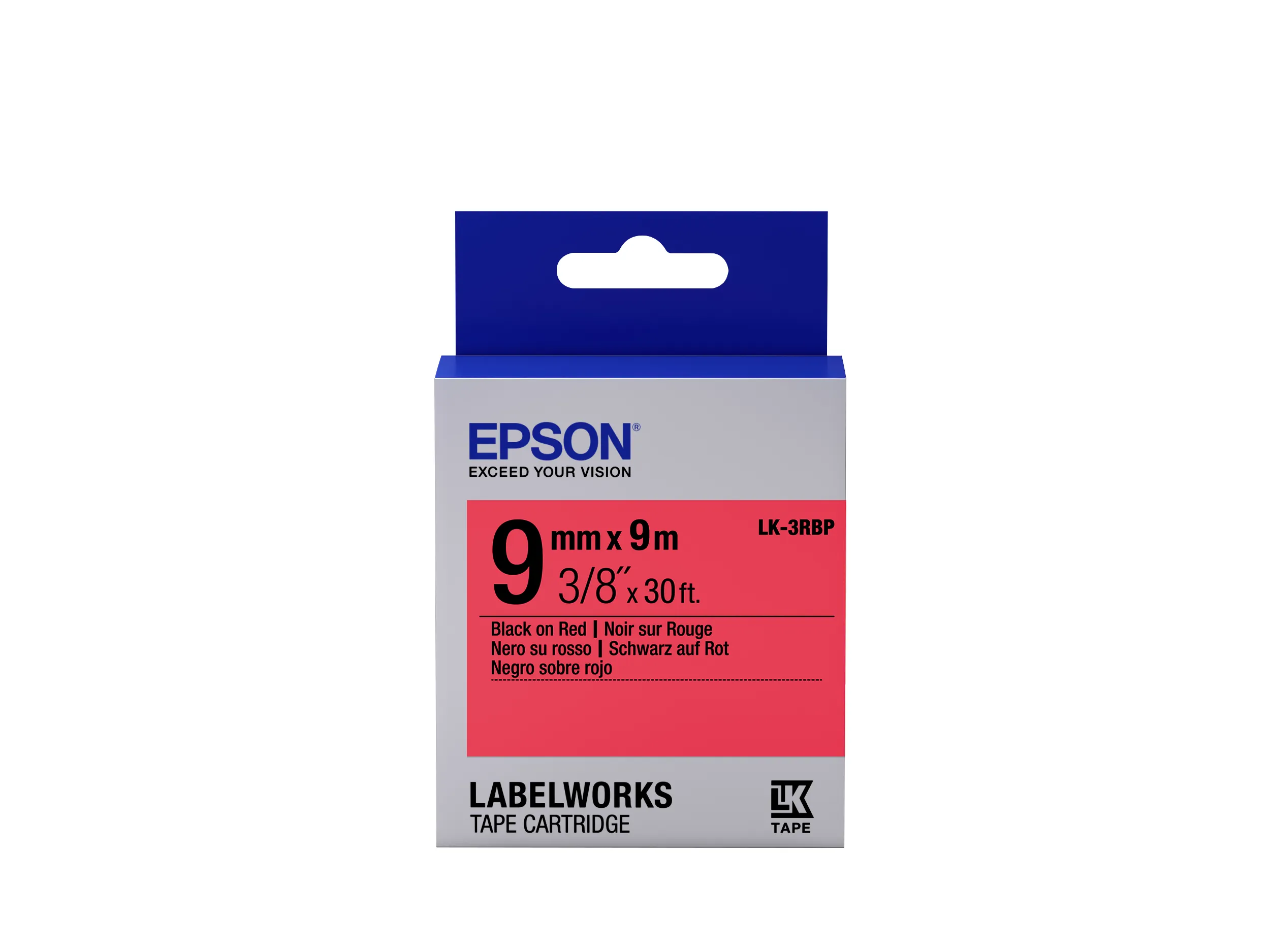 Epson LabelWorks LK-3RBP - Black on red - Rulla (0,9 cm x 9 m) 1 rulla (rullat) etikettiteippi malleihin LabelWorks LW-1000, 300, 400, 600, 700, 900, K400, Z700