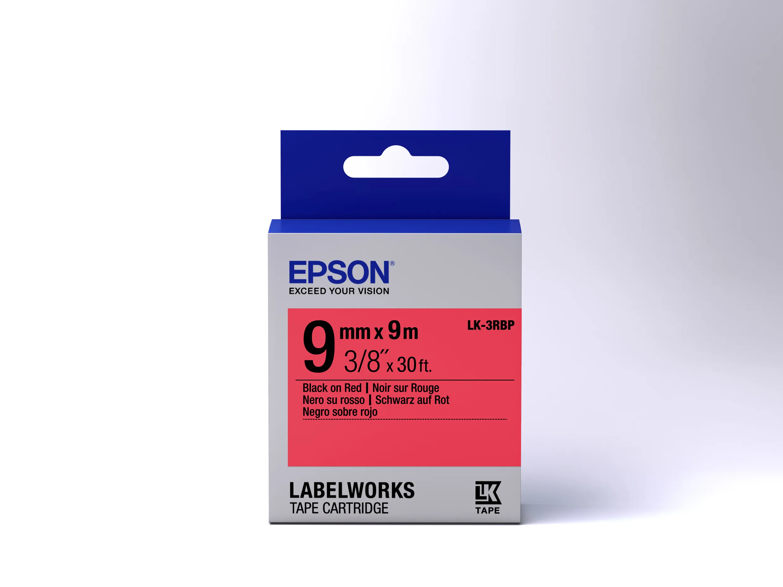 Epson LabelWorks LK-3RBP - Black on red - Rulla (0,9 cm x 9 m) 1 rulla (rullat) etikettiteippi malleihin LabelWorks LW-1000, 300, 400, 600, 700, 900, K400, Z700