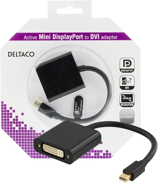 DELTACO mini DisplayPort - DVI-D Single Link sovitin, ur-na, 4K, musta
