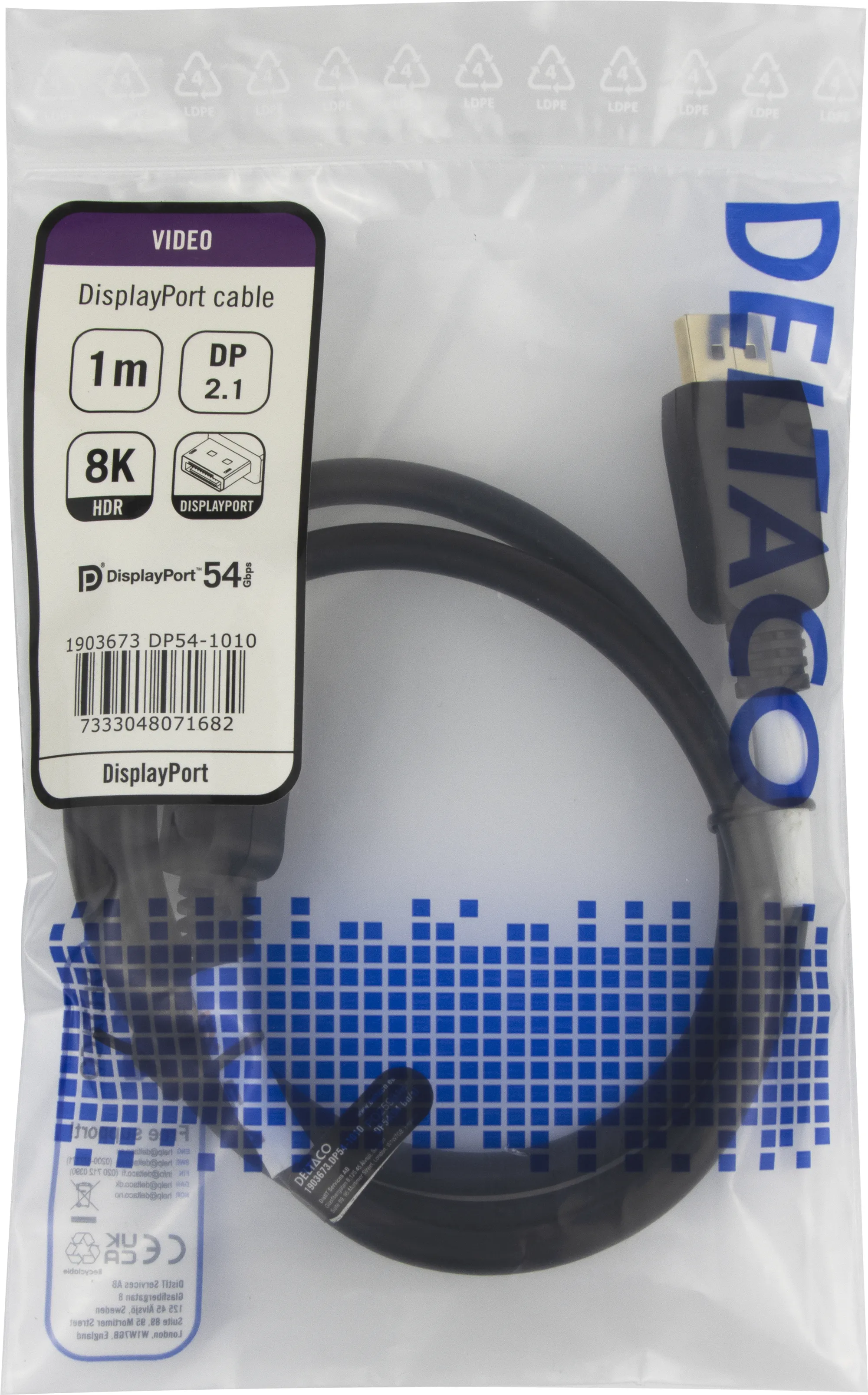 Deltaco DisplayPort 2.1a (DP54) -kaapeli, jossa 8K, 1 m, musta