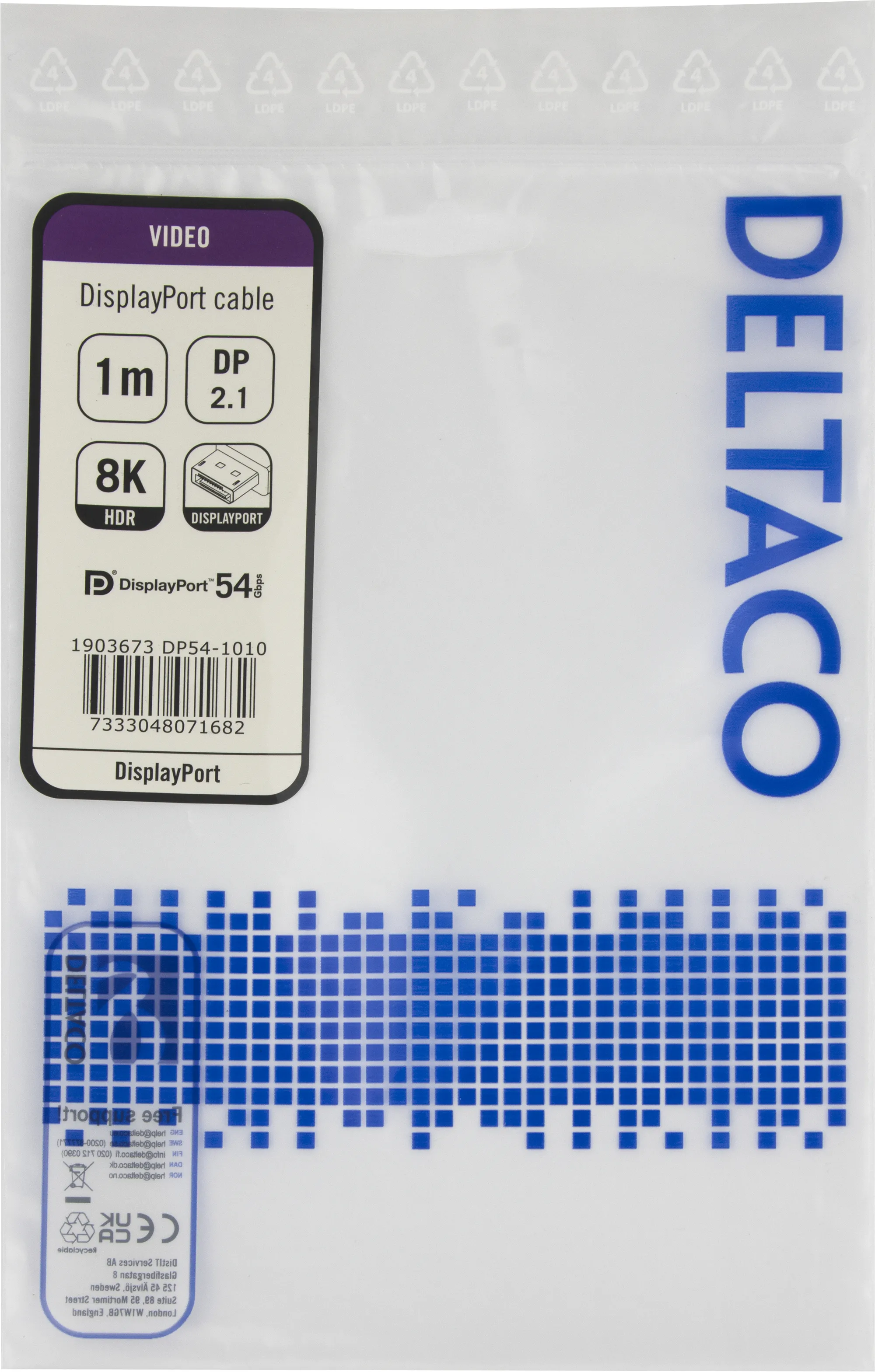 Deltaco DisplayPort 2.1a (DP54) -kaapeli, jossa 8K, 1 m, musta