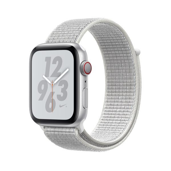 Apple Watch Nike+ Series 4 GPS + Cellular 44mm, Hopeanv&auml;rinen alumiinikuori ja tunturinvalkea Nike Sport Loop ‑ranneke