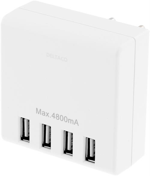 DELTACO V&auml;ggladdare, 230V till 5V USB, 4,8A, 4xUSB-portar, vit
