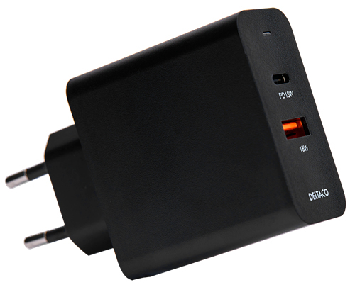 DELTACO USB wall charger, 1x USB-C PD 18 W, 1x USB-A 18 W, 36 W, black