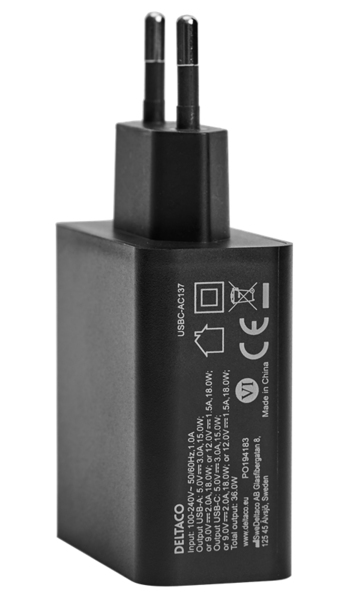 DELTACO USB wall charger, 1x USB-C PD 18 W, 1x USB-A 18 W, 36 W, black