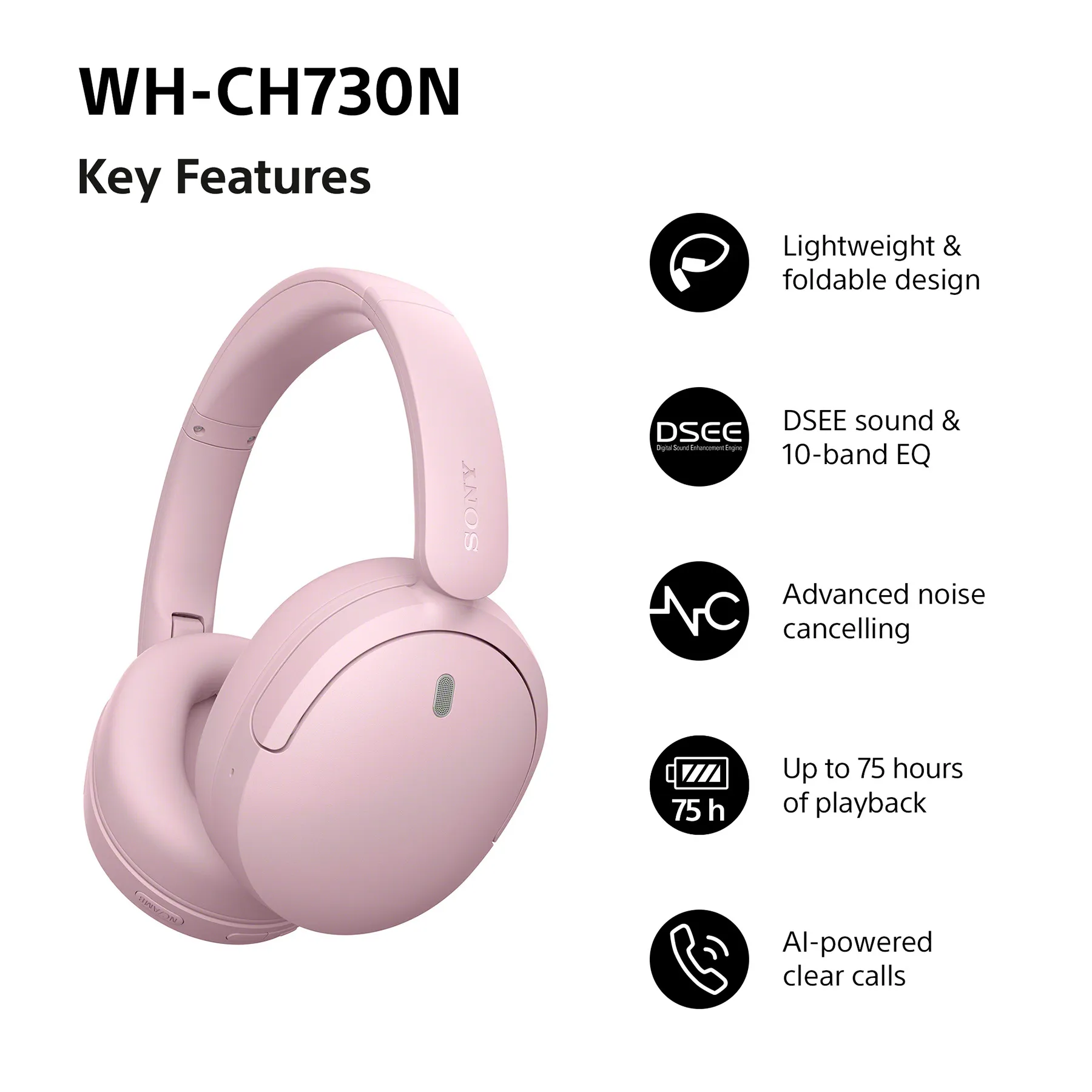 Sony WH-CH730N Wireless Over-ear Headphones, Pink