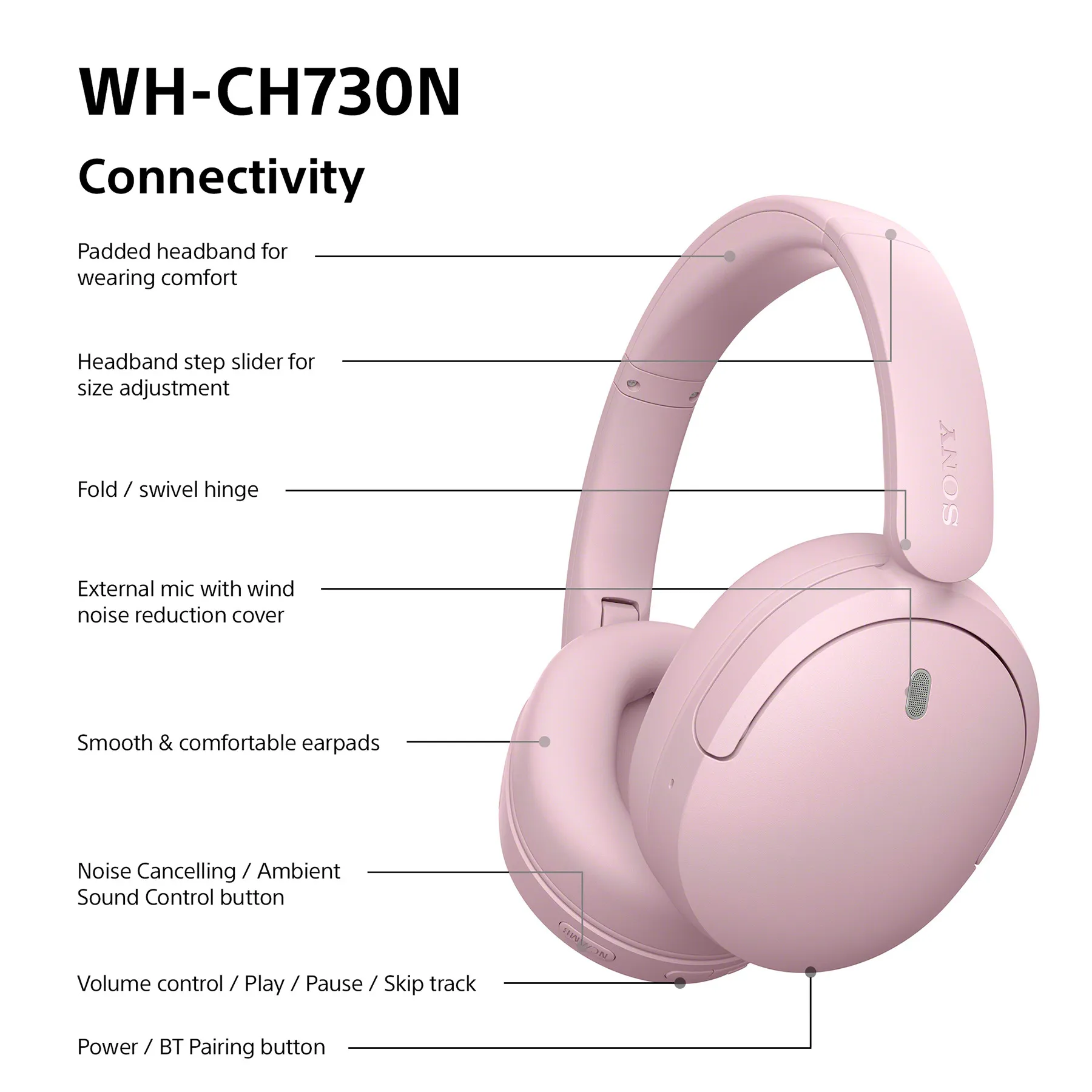 Sony WH-CH730N Wireless Over-ear Headphones, Pink