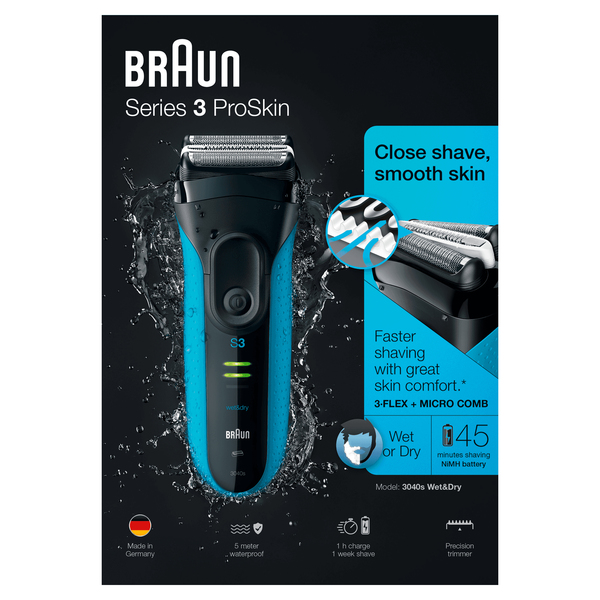 BRAUN PARRANAJOKONE 3040s W&amp;D ProSkin SERIES-3 Wet &amp; Dry. Uusi suorituskykyisempi ajop&auml;&auml; MICROCOMB! Tyylik&auml;s muotoilu pit&auml;v&auml;ll&auml; k&auml;densijalla. Mukautuu paremmin