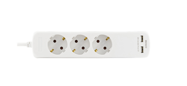Deltaco GT-160C 2xUSB, 3 outlets Power Strip, 3m, White