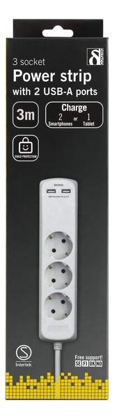 Deltaco GT-160C 2xUSB, 3 outlets Power Strip, 3m, White