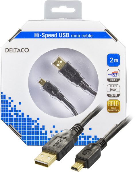 DELTACO USB 2.0 kaapeli Tyyppi A Uros - Tyyppi Mini B Uros, 2m, musta