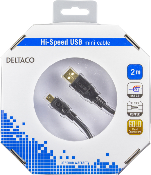DELTACO USB 2.0 kaapeli Tyyppi A Uros - Tyyppi Mini B Uros, 2m, musta