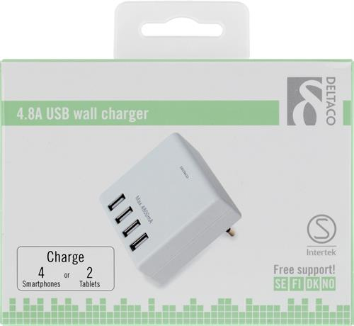 DELTACO V&auml;ggladdare, 230V till 5V USB, 4,8A, 4xUSB-portar, vit