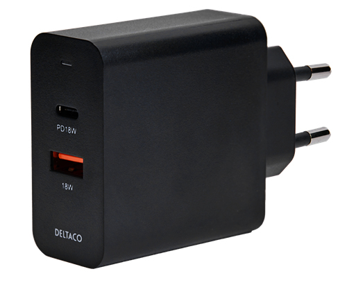 DELTACO USB wall charger, 1x USB-C PD 18 W, 1x USB-A 18 W, 36 W, black
