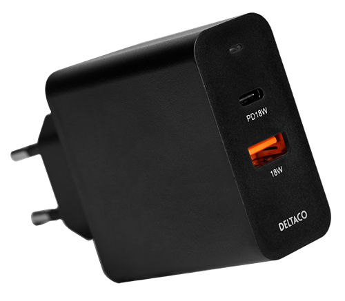 DELTACO USB wall charger, 1x USB-C PD 18 W, 1x USB-A 18 W, 36 W, black