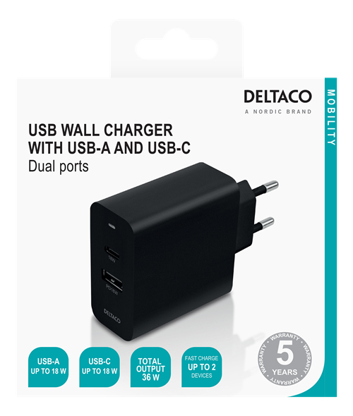 DELTACO USB wall charger, 1x USB-C PD 18 W, 1x USB-A 18 W, 36 W, black