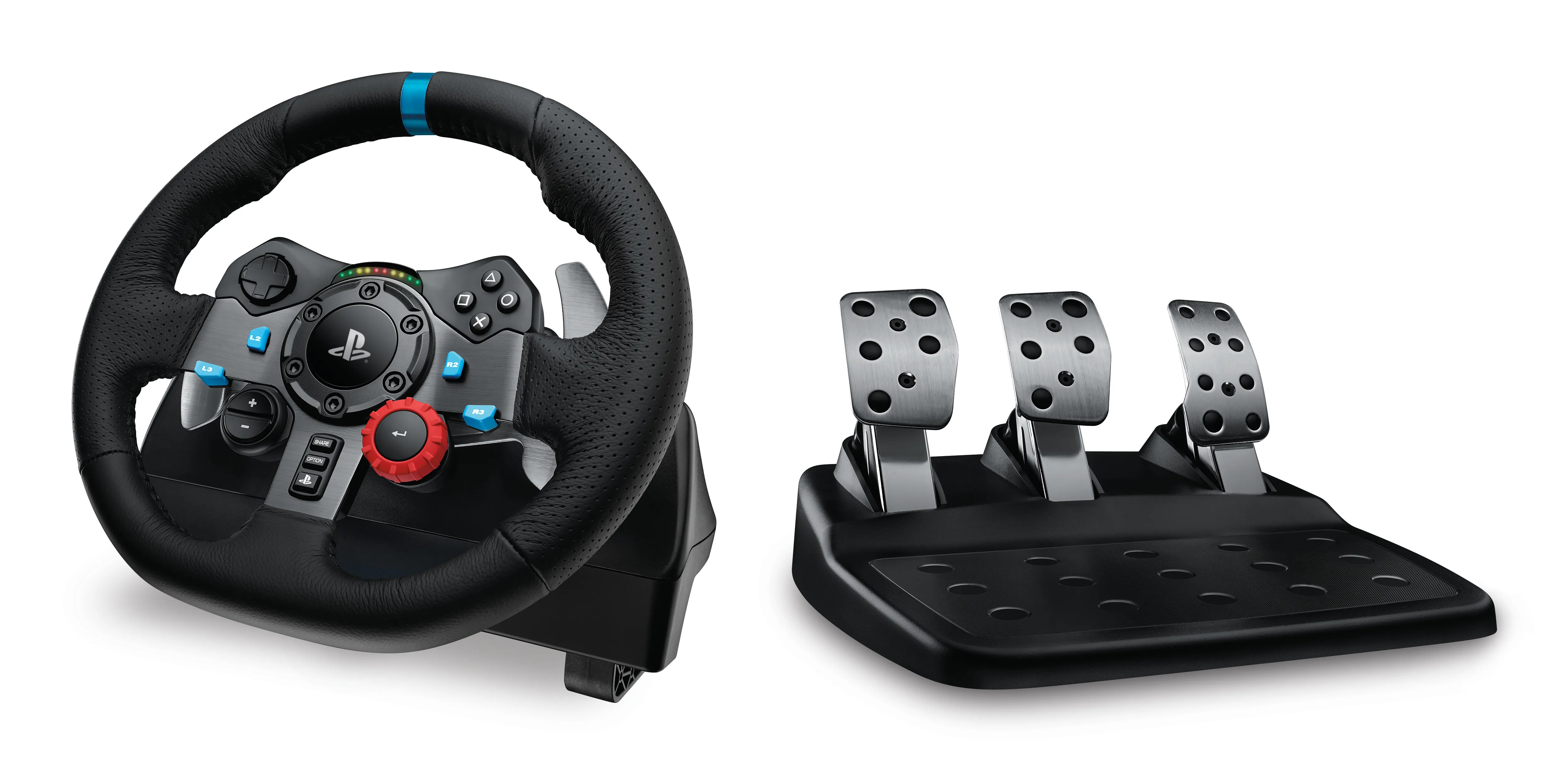 Logitech G29 Driving Force -ohjauspy&ouml;r&auml; ja polkimet PC-, PlayStation 5-, PlayStation 4- ja PlayStation 3 -alustoille, Musta ja Alumiini