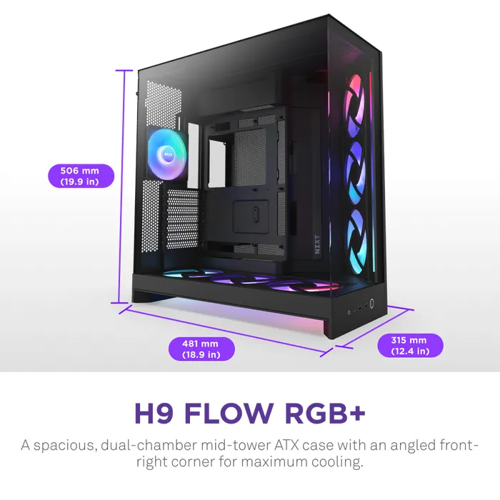 NZXT H9 Flow RGB+ (2025) - miditower chassi med f&ouml;nster, Svart