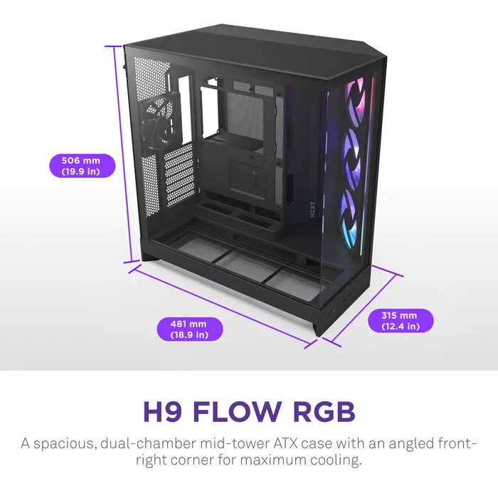 NZXT H9 Flow RGB+ (2025) - miditower chassi med f&ouml;nster, Svart