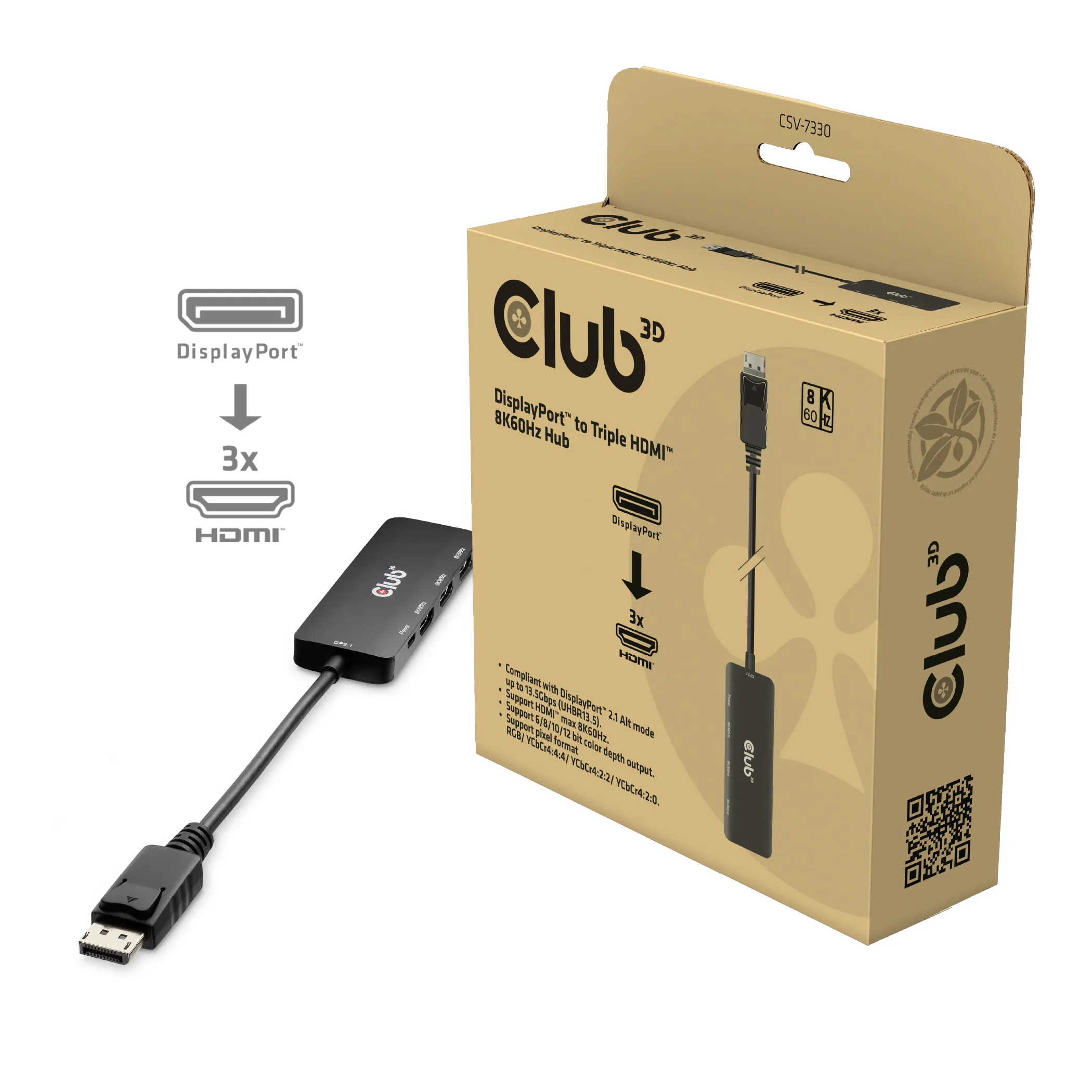 CLUB 3D CSV-7330 DisplayPort to Triple HDMI 8K -sovitin, musta