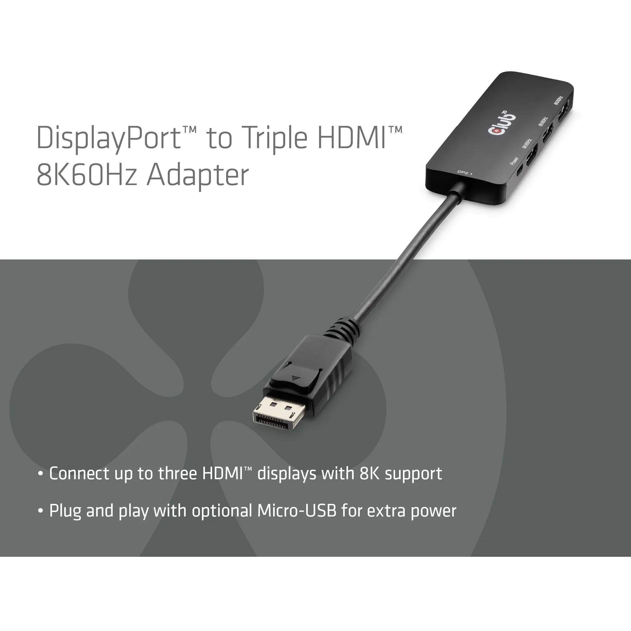 CLUB 3D CSV-7330 DisplayPort to Triple HDMI 8K -sovitin, musta