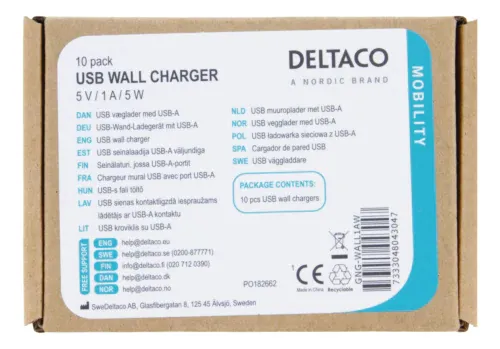 Deltaco USB wall charger, 1 A, 100V/240V, valkoinen