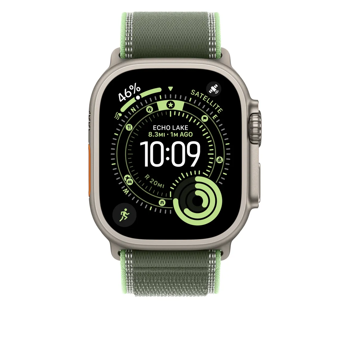 Apple Watch 49 mm terr&auml;ngloop, gr&ouml;n/neon, S/M, Natural Titanium Finish