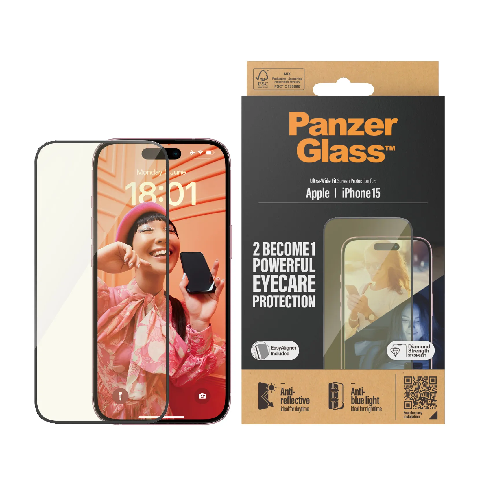 PanzerGlass Ultra-Wide Fit iPhone 15 -panssarilasi, Anti Blue-Light, Anti-Reflective