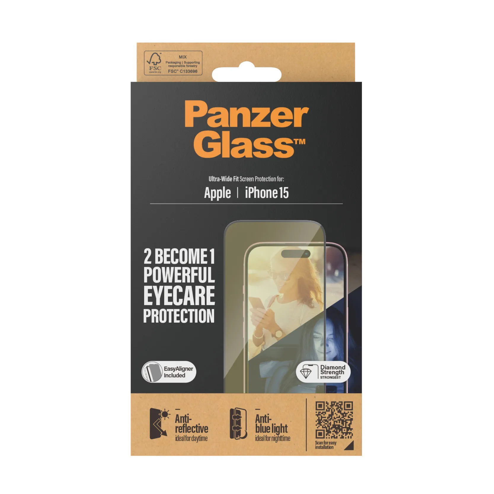 PanzerGlass Ultra-Wide Fit iPhone 15 -panssarilasi, Anti Blue-Light, Anti-Reflective