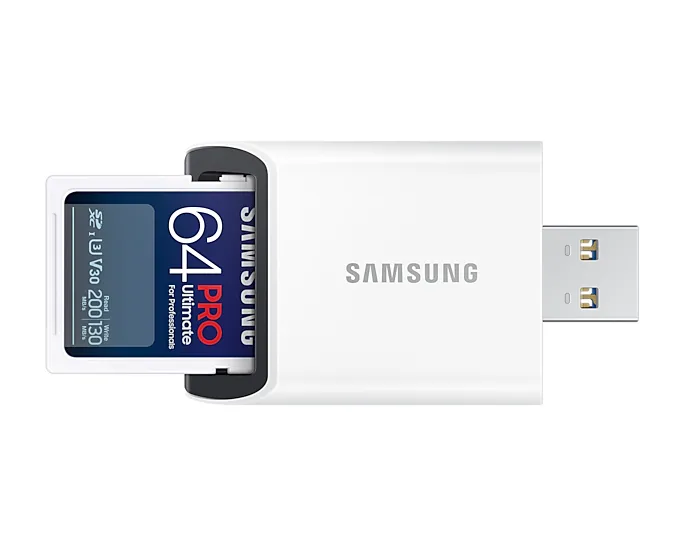 Samsung PRO Ultimate 64 GB SDXC UHS-I U3 V30 A2 kort + USB-kortl&auml;sare, vit