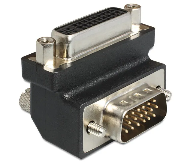 Delock Adapter DVI 24+5 pin female &gt; VGA 15 pin male 90&deg; angled -adapteri, Musta