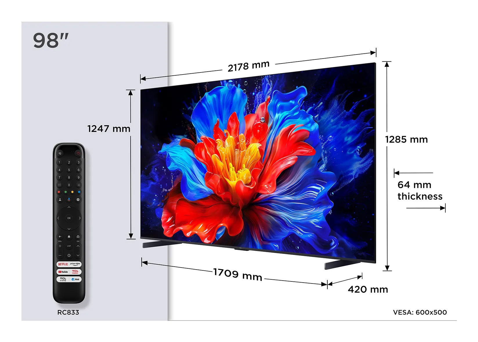 TCL 98P89K 98" 4K QLED Google TV, 144 Hz, Dolby Vision, HDR10+, metallic