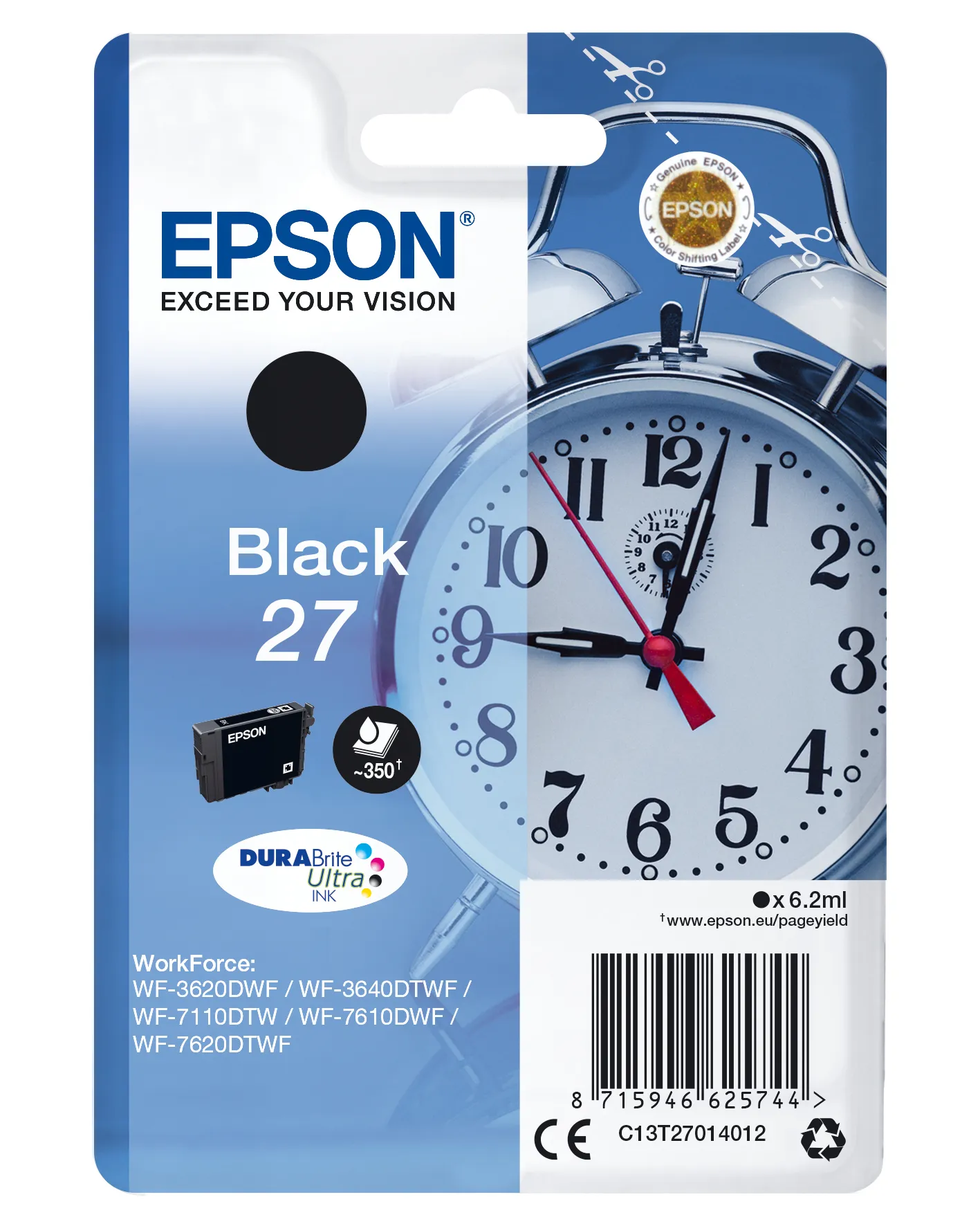 Epson 27 - 6.2 ml - musta - alkuper&auml;inen - blister RF:ll&auml;/&auml;&auml;nih&auml;lyttimell&auml; - mustepatruuna malleihin WorkForce WF-3620DWF, WF-3640DTWF, WF-7110DTW, WF-7610DWF,