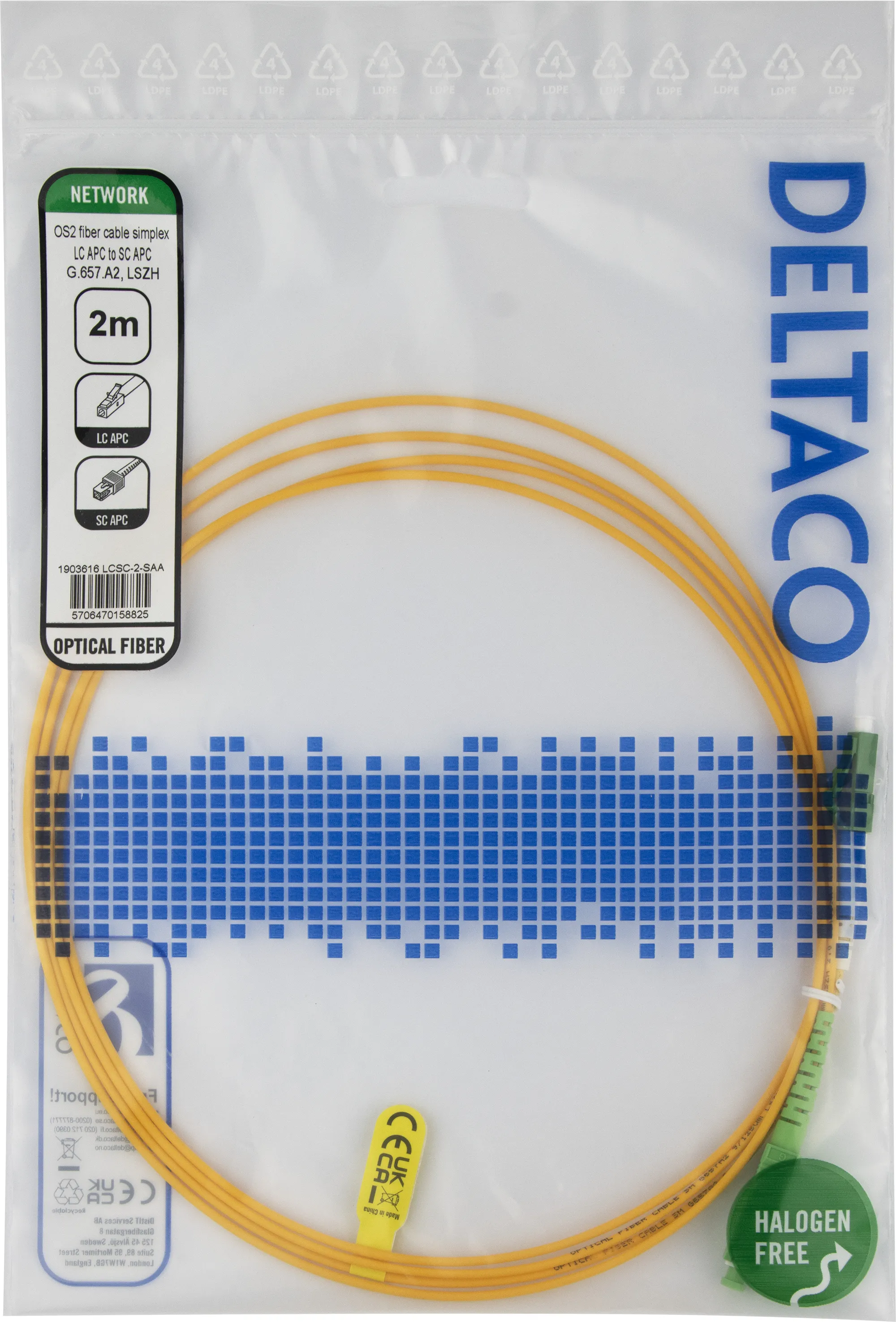 Deltaco OS2 LSZH LC-SC 2m Fiber Optic Cable, Yellow