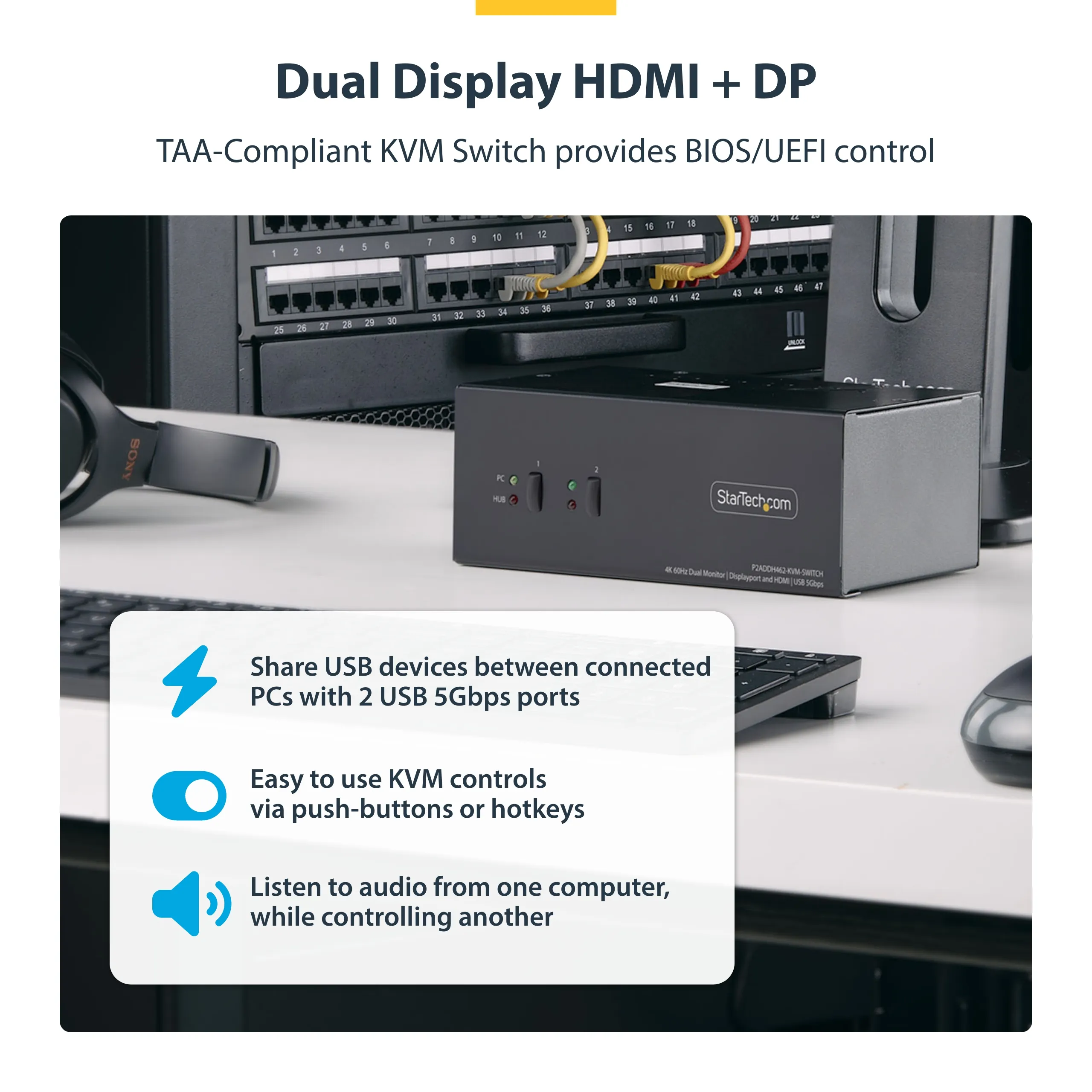 Startech 2-Port Dual-Monitor DP+HDMI KVM Switch