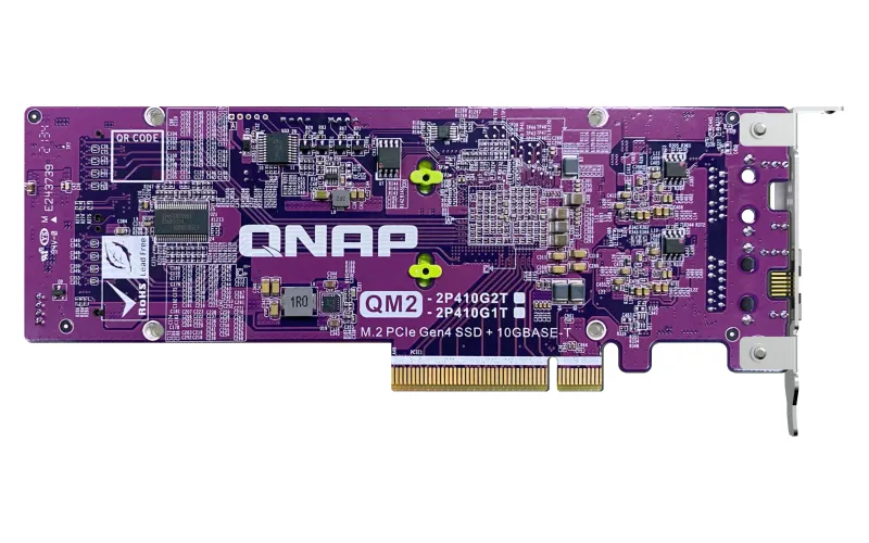 QNAP Card QM2 series 2xPCIe 2280 M.2 SSD slots PCIe Gen4x8 1xAQC113C 10GbE NBASE-T port