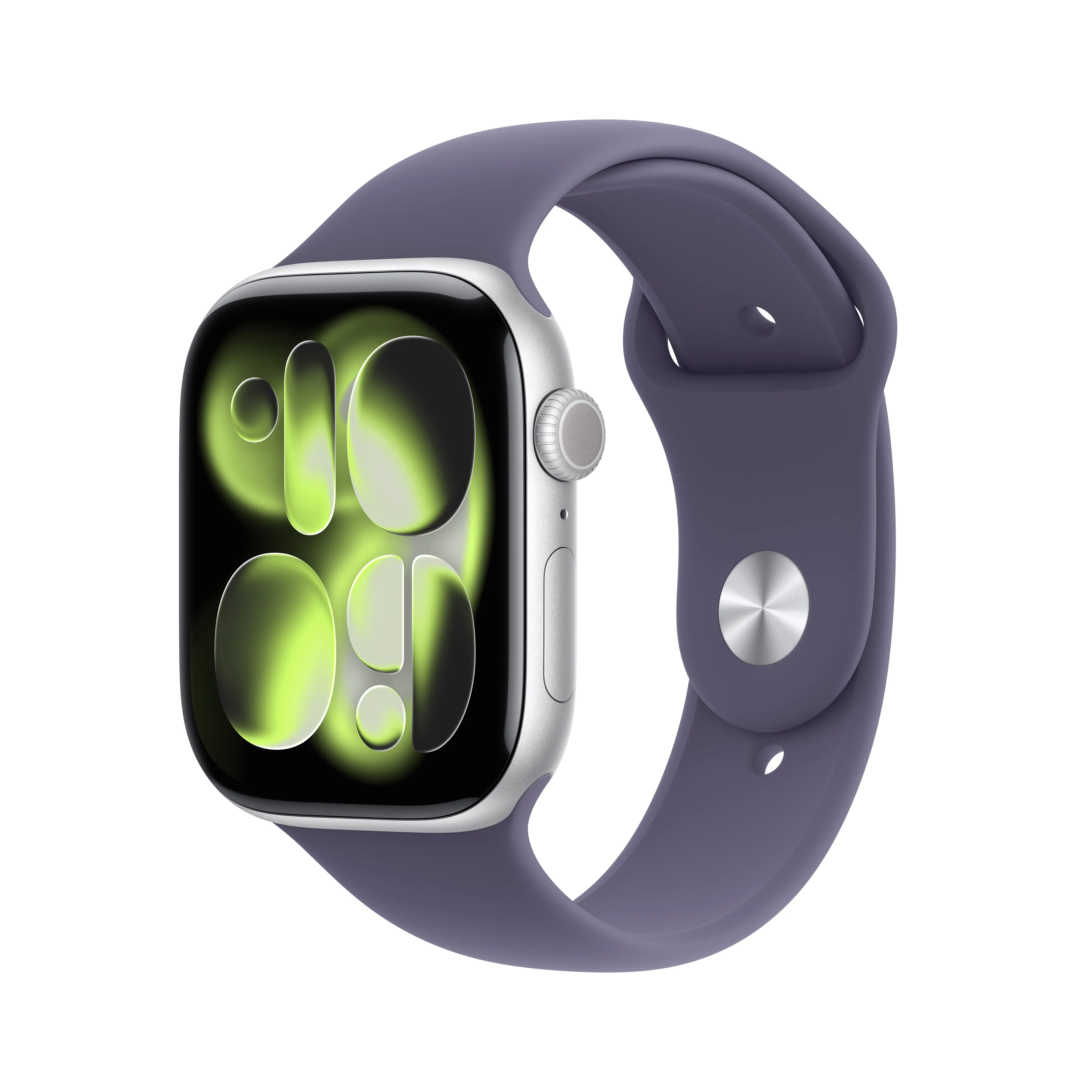 Apple Watch Series 11 (GPS) 46 mm aluminiumboett i silver med purpurdimma sportband, M/L